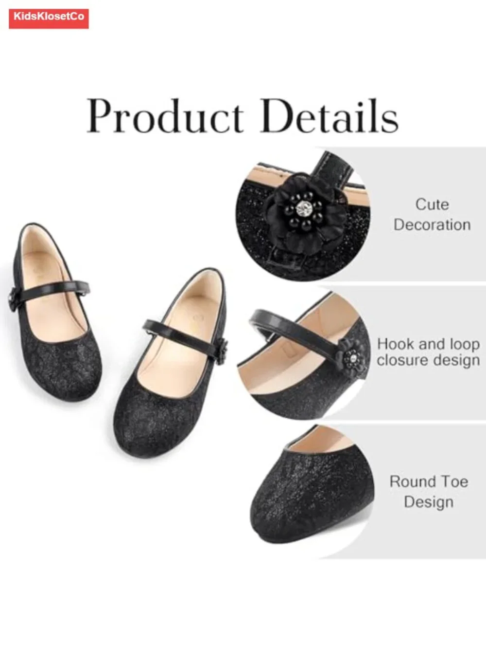 Girls Mary Jane Flats Dress Shoes with Adjustable Strap, Non-Slip Sole, Flower